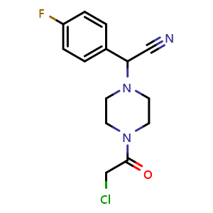 Chemical structure of 2-[4-(2-chloroacetyl)piperazin-1-yl]-2-(4-fluorophenyl)acetonitrile , CAS 923230-33-5, AChemBlock Y221739