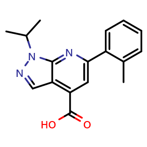 Chemical structure of 6-(2-Methylphenyl)-1-(propan-2-yl)-1h-pyrazolo[3,4-b]pyridine-4-carboxylic acid , CAS 924243-72-1, AChemBlock Y221740