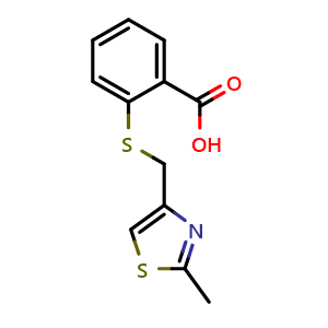 Chemical structure of 2-{[(2-methyl-1,3-thiazol-4-yl)methyl]sulfanyl}benzoic acid , CAS 929974-69-6, AChemBlock Y221754