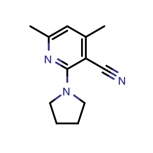 Chemical structure of 4,6-Dimethyl-2-(pyrrolidin-1-yl)pyridine-3-carbonitrile , CAS 693254-24-9, AChemBlock Y221798