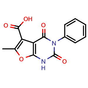 Chemical structure of 6-Methyl-2,4-dioxo-3-phenyl-1h,2h,3h,4h-furo[2,3-d]pyrimidine-5-carboxylic acid , CAS 1311315-84-0, AChemBlock Y221832