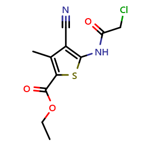 Chemical structure of Ethyl 5-(2-chloroacetamido)-4-cyano-3-methylthiophene-2-carboxylate , CAS 449177-08-6, AChemBlock Y221958