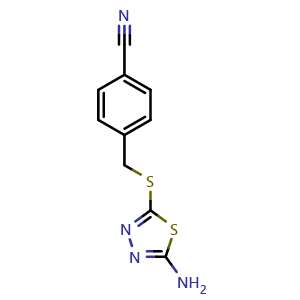 Chemical structure of 4-{[(5-amino-1,3,4-thiadiazol-2-yl)sulfanyl]methyl}benzonitrile , CAS 299921-59-8, AChemBlock Y221974