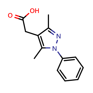 Chemical structure of 2-(3,5-Dimethyl-1-phenyl-1H-pyrazol-4-yl)acetic acid , CAS 32710-88-6, AChemBlock Y222003