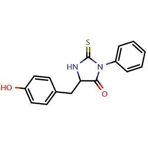 Chemical structure of 5-(4-Hydroxybenzyl)-3-phenyl-2-thioxoimidazolidin-4-one , CAS 4332-95-0, AChemBlock Y222068