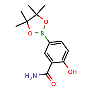 Chemical structure of 2-Hydroxy-5-(4,4,5,5-tetramethyl-1,3,2-dioxaborolan-2-yl)benzamide , CAS 1799792-43-0, AChemBlock Y222168