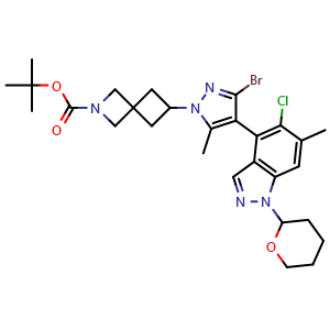 Chemical structure of tert-Butyl 6-(3-bromo-4-(5-chloro-6-methyl-1-(tetrahydro-2H-pyran-2-yl)-1H-indazol-4-yl)-5-methyl-1H-pyrazol-1-yl)-2-azaspiro[3.3]heptane-2-carboxylate , CAS 2653202-15-2, AChemBlock Y222261