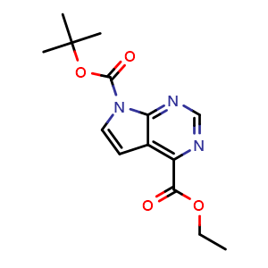Chemical structure of 7-(tert-Butyl) 4-ethyl 7H-pyrrolo[2,3-d]pyrimidine-4,7-dicarboxylate , CAS 1357147-41-1, AChemBlock Y222298