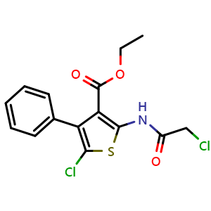 Chemical structure of Ethyl 5-chloro-2-(2-chloroacetamido)-4-phenylthiophene-3-carboxylate , CAS 302582-89-4, AChemBlock Y222324