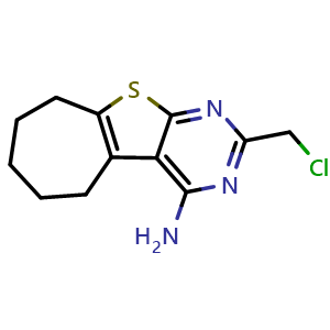 Chemical structure of 2-(Chloromethyl)-6,7,8,9-tetrahydro-5H-cyclohepta[4,5]thieno[2,3-d]pyrimidin-4-amine , CAS 877964-68-6, AChemBlock Y222400