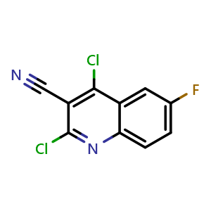 Chemical structure of 2,4-Dichloro-6-fluoroquinoline-3-carbonitrile , CAS 881313-89-9, AChemBlock Y222403