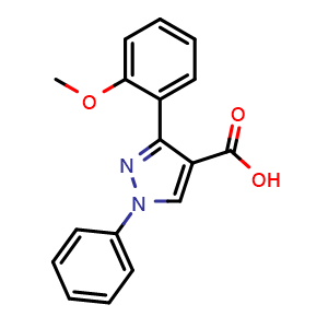 Chemical structure of 3-(2-Methoxyphenyl)-1-phenyl-1H-pyrazole-4-carboxylic acid , CAS 956625-04-0, AChemBlock Y222414