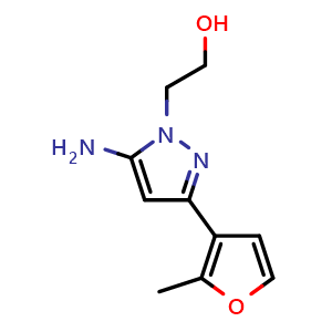 Chemical structure of 2-(5-Amino-3-(2-methylfuran-3-yl)-1H-pyrazol-1-yl)ethan-1-ol , CAS 956751-81-8, AChemBlock Y222415