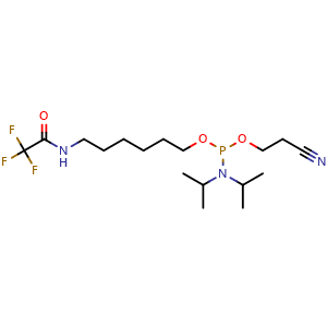 Chemical structure of 2-Cyanoethyl (6-(2,2,2-trifluoroacetamido)hexyl) diisopropylphosphoramidite , CAS 133975-85-6, AChemBlock Y222525