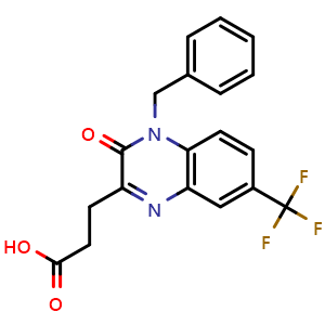 Chemical structure of 3-(4-Benzyl-3-oxo-7-(trifluoromethyl)-3,4-dihydroquinoxalin-2-yl)propanoic acid , CAS 565191-92-6, AChemBlock Y222539