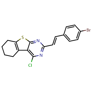 Chemical structure of 2-(4-Bromostyryl)-4-chloro-5,6,7,8-tetrahydrobenzo[4,5]thieno[2,3-d]pyrimidine , CAS 851169-47-6, AChemBlock Y222542