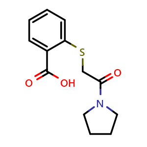 Chemical structure of 2-((2-Oxo-2-(pyrrolidin-1-yl)ethyl)thio)benzoic acid , CAS 721406-67-3, AChemBlock Y222546