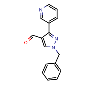 Chemical structure of 1-Benzyl-3-(pyridin-3-yl)-1H-pyrazole-4-carbaldehyde , CAS 956504-56-6, AChemBlock Y222551