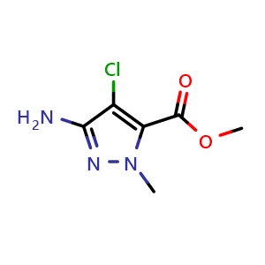 Chemical structure of Methyl 3-amino-4-chloro-1-methyl-1H-pyrazole-5-carboxylate , CAS 1784410-90-7, AChemBlock Y222565