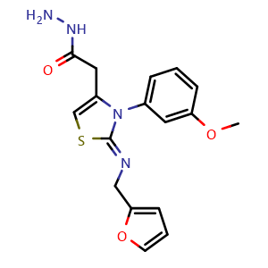 Chemical structure of 2-(2-((Furan-2-ylmethyl)imino)-3-(3-methoxyphenyl)-2,3-dihydrothiazol-4-yl)acetohydrazide , CAS 556006-97-4, AChemBlock Y222607