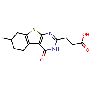 Chemical structure of 3-(7-Methyl-4-oxo-3,4,5,6,7,8-hexahydrobenzo[4,5]thieno[2,3-d]pyrimidin-2-yl)propanoic acid , CAS 380191-48-0, AChemBlock Y222623