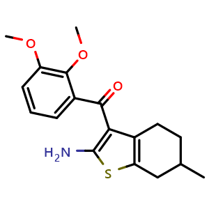 Chemical structure of (2-Amino-6-methyl-4,5,6,7-tetrahydrobenzo[b]thiophen-3-yl)(2,3-dimethoxyphenyl)methanone , CAS 793678-83-8, AChemBlock Y222670