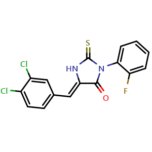 Chemical structure of 5-(3,4-Dichlorobenzylidene)-3-(2-fluorophenyl)-2-thioxoimidazolidin-4-one , CAS 722465-80-7, AChemBlock Y222681