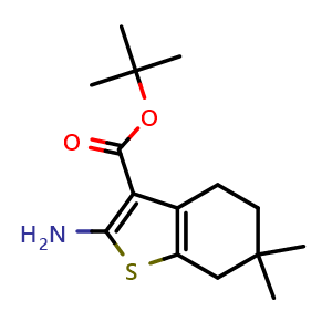Chemical structure of tert-Butyl 2-amino-6,6-dimethyl-4,5,6,7-tetrahydrobenzo[b]thiophene-3-carboxylate , CAS 1453117-17-3, AChemBlock Y222717