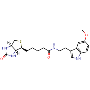 Chemical structure of N-(2-(5-Methoxy-1H-indol-3-yl)ethyl)-5-((3aS,4S,6aR)-2-oxohexahydro-1H-thieno[3,4-d]imidazol-4-yl)pentanamide , CAS 2193462-87-0, AChemBlock Y222718