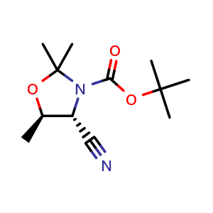 Chemical structure of (4R,5R)-tert-Butyl 4-cyano-2,2,5-trimethyloxazolidine-3-carboxylate , CAS 943147-84-0, AChemBlock Y222759