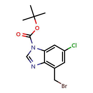 Chemical structure of Tert-butyl 4-(bromomethyl)-6-chloro-1H-benzo[d]imidazole-1-carboxylate , CAS 942317-90-0, AChemBlock Y222799