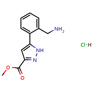 Chemical structure of Methyl 5-(2-(aminomethyl)phenyl)-1H-pyrazole-3-carboxylate hydrochloride , CAS 1609082-47-4, AChemBlock Y222809