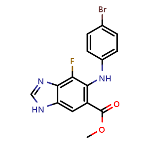 Chemical structure of Methyl 5-((4-bromophenyl)amino)-4-fluoro-1H-benzo[d]imidazole-6-carboxylate , CAS 606143-93-5, AChemBlock Y222902