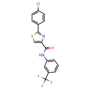 Chemical structure of 2-(4-Chlorophenyl)-N-(3-(trifluoromethyl)phenyl)thiazole-4-carboxamide , CAS 303998-34-7, AChemBlock Y222903
