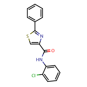 Chemical structure of N-(2-chlorophenyl)-2-phenylthiazole-4-carboxamide , CAS 303998-32-5, AChemBlock Y222904