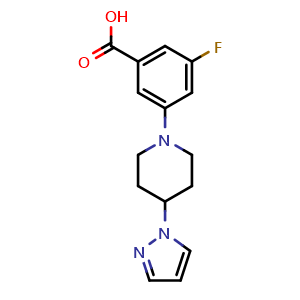 Chemical structure of 3-(4-(1H-Pyrazol-1-yl)piperidin-1-yl)-5-fluorobenzoic acid , CAS 1538005-13-8, AChemBlock Y222927