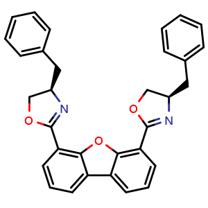 Chemical structure of 4,6-Bis((R)-4-benzyl-4,5-dihydrooxazol-2-yl)dibenzo[b,d]furan , CAS 1080596-47-9, AChemBlock Y222940