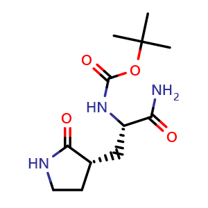 Chemical structure of tert-Butyl ((S)-1-amino-1-oxo-3-((S)-2-oxopyrrolidin-3-yl)propan-2-yl)carbamate , CAS 2713439-69-9, AChemBlock Y222952