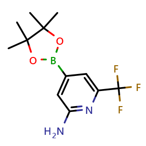 Chemical structure of 4-(4,4,5,5-Tetramethyl-1,3,2-dioxaborolan-2-yl)-6-(trifluoromethyl)pyridin-2-amine , CAS 1558927-41-5, AChemBlock Y223003
