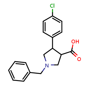 Chemical structure of rel-1-Benzyl-4-(4-chlorophenyl)pyrrolidine-3-carboxylic acid , CAS 80896-74-8, AChemBlock Y223127