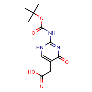 Chemical structure of 2-(2-((tert-Butoxycarbonyl)amino)-4-oxo-1,4-dihydropyrimidin-5-yl)acetic acid , CAS 221362-48-7, AChemBlock Y223195