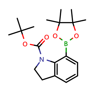 Chemical structure of 1,1-Dimethylethyl 2,3-dihydro-7-(4,4,5,5-tetramethyl-1,3,2-dioxaborolan-2-yl)-1H-indole-1-carboxylate , CAS 1629585-65-4, AChemBlock Y223223