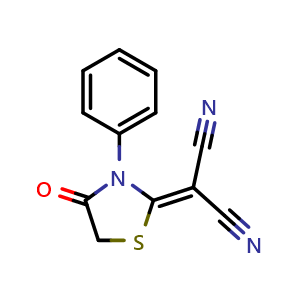 Chemical structure of 2-(4-Oxo-3-phenyl-2-thiazolidinylidene)propanedinitrile , CAS 59615-89-3, AChemBlock Y223296