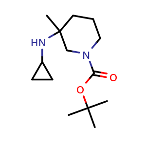 Chemical structure of tert-Butyl 3-(cyclopropylamino)-3-methylpiperidine-1-carboxylate , CAS 1420898-14-1, AChemBlock Y223357