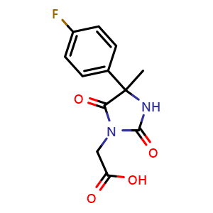 Chemical structure of 4-(4-Fluorophenyl)-4-methyl-2,5-dioxo-1-imidazolidineacetic acid , CAS 956327-03-0, AChemBlock Y223377