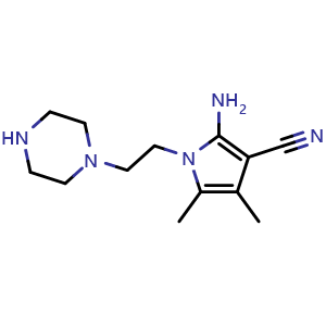 Chemical structure of 2-amino-4,5-dimethyl-1-(2-(piperazin-1-yl)ethyl)-1H-pyrrole-3-carbonitrile , CAS 929974-71-0, AChemBlock Y223379