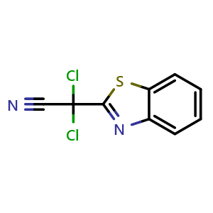 Chemical structure of 2-(benzo[d]thiazol-2-yl)-2,2-dichloroacetonitrile , CAS 923723-76-6, AChemBlock Y223380