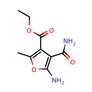 Chemical structure of Ethyl 5-amino-4-(aminocarbonyl)-2-methyl-3-furancarboxylate , CAS 854357-30-5, AChemBlock Y223391