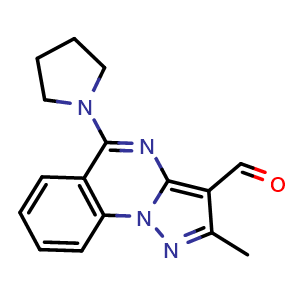 Chemical structure of 2-Methyl-5-(1-pyrrolidinyl)pyrazolo[1,5-a]quinazoline-3-carboxaldehyde , CAS 380388-49-8, AChemBlock Y223406