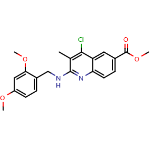 Chemical structure of Methyl 4-chloro-2-((2,4-dimethoxybenzyl)amino)-3-methylquinoline-6-carboxylate , CAS 2924824-57-5, AChemBlock Y223443